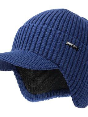 Unisex Dark Blue Lined Knit Beanie - Brim Ear Flaps Winter Classic Stocking Cap